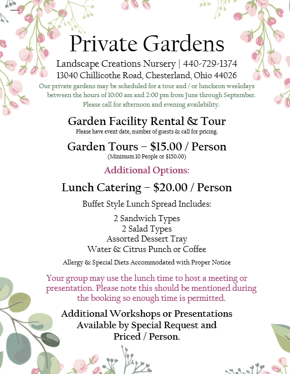 Private Garden Rental, Garden Tours, Catering, Chesterland, Ohio